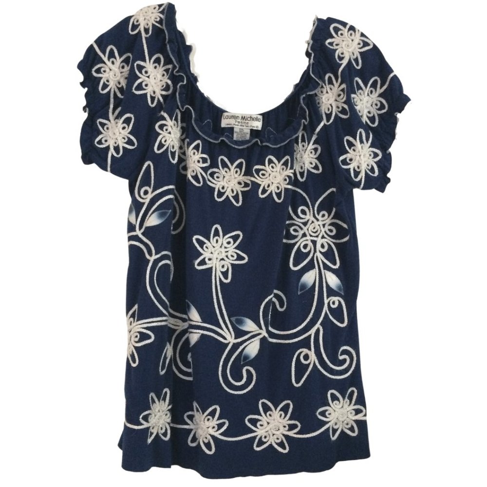 Blue floral embroidery peasant top XL